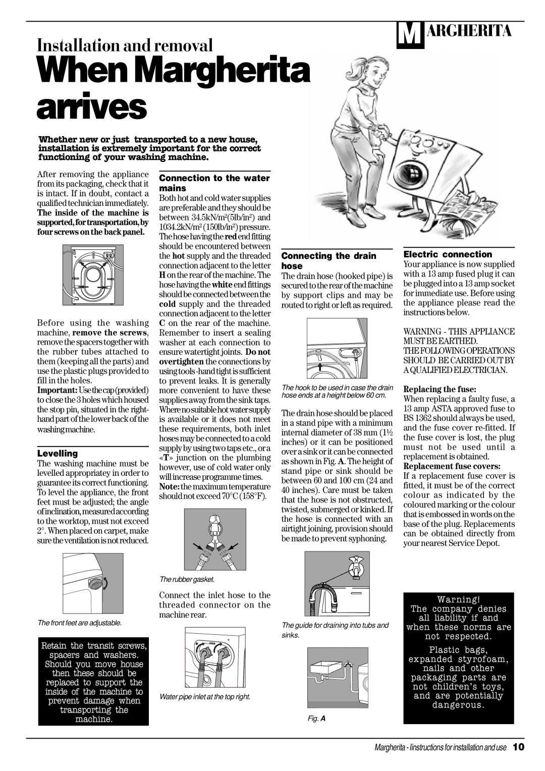 Ariston A 1234 Washingmachine Levelling, Connection to the water mains, Connecting the drain hose, Electric connection 