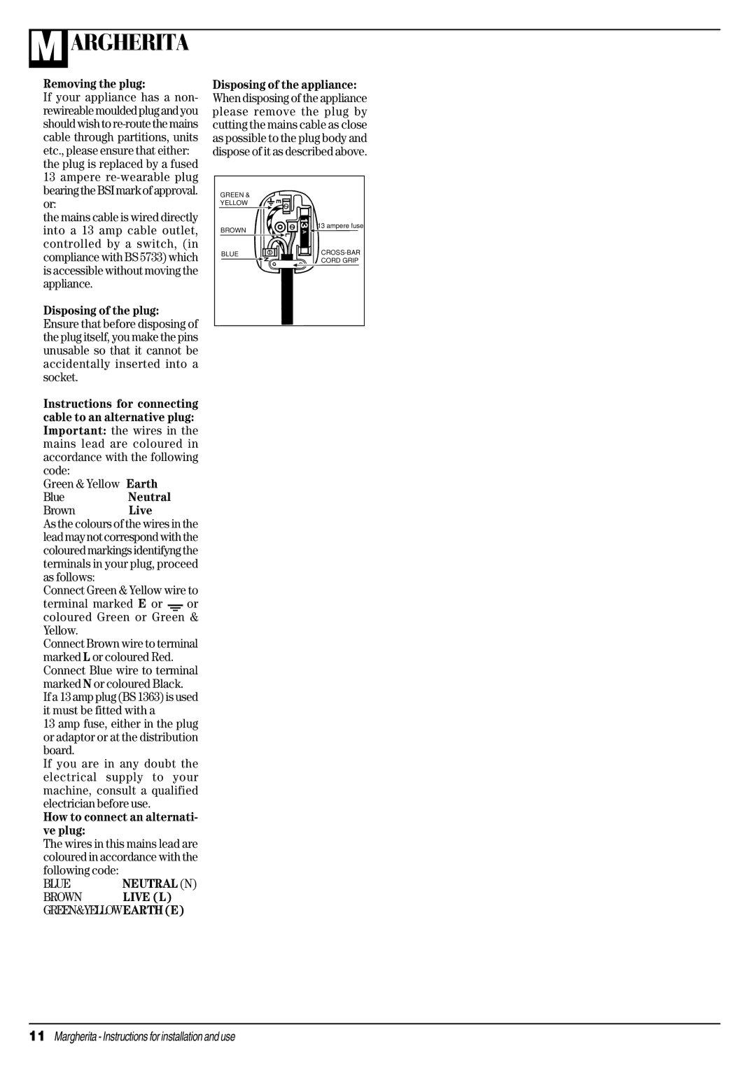 Ariston A 1234 manual Removing the plug, Ampere re-wearable plug bearing the BSI mark of approval. or 