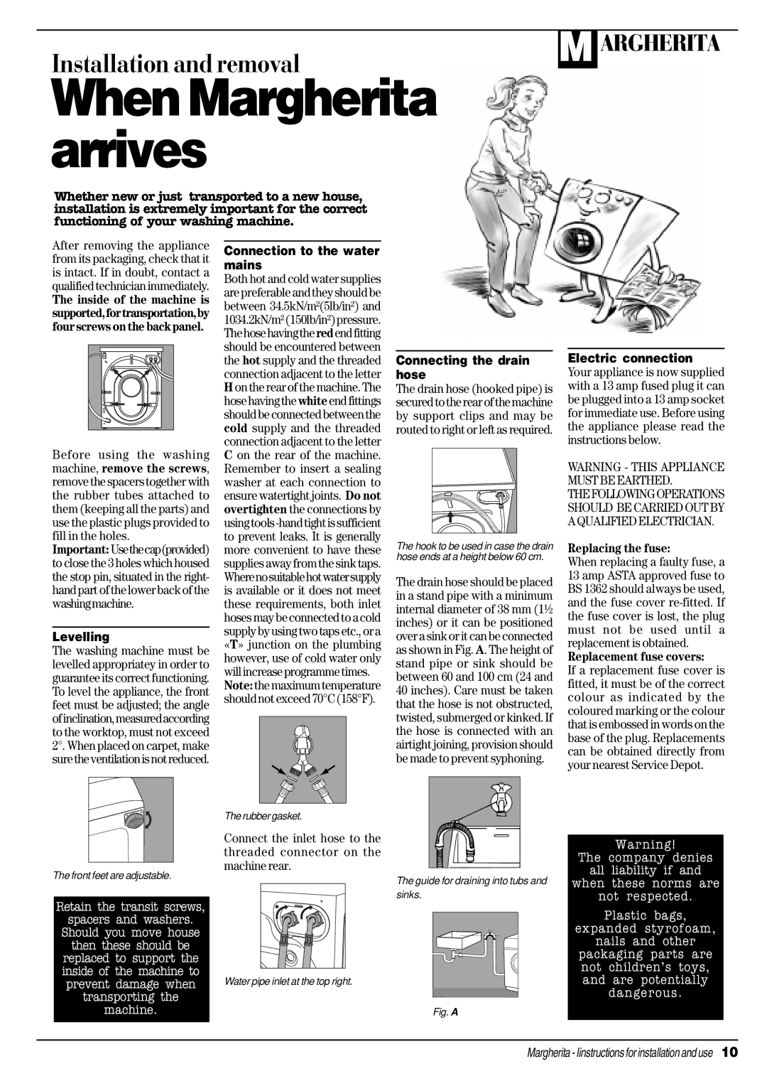 Ariston A 1635 manual Levelling, Connection to the water mains, Connecting the drain hose, Electric connection 