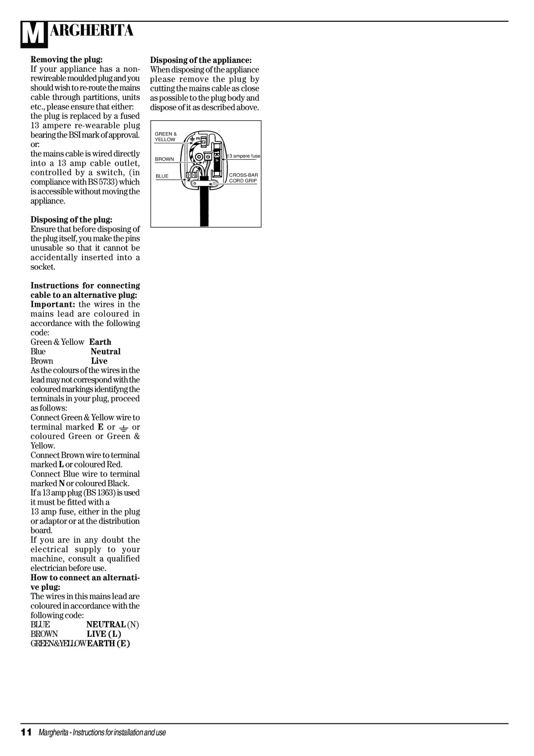 Ariston A1324 manual Removing the plug, Ampere re-wearable plug bearing the BSI mark of approval. or 