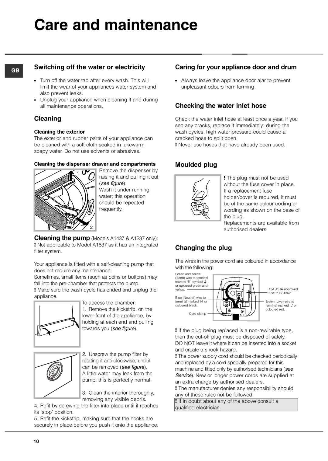 Ariston A1237, A1637, A1437 manual Care and maintenance 