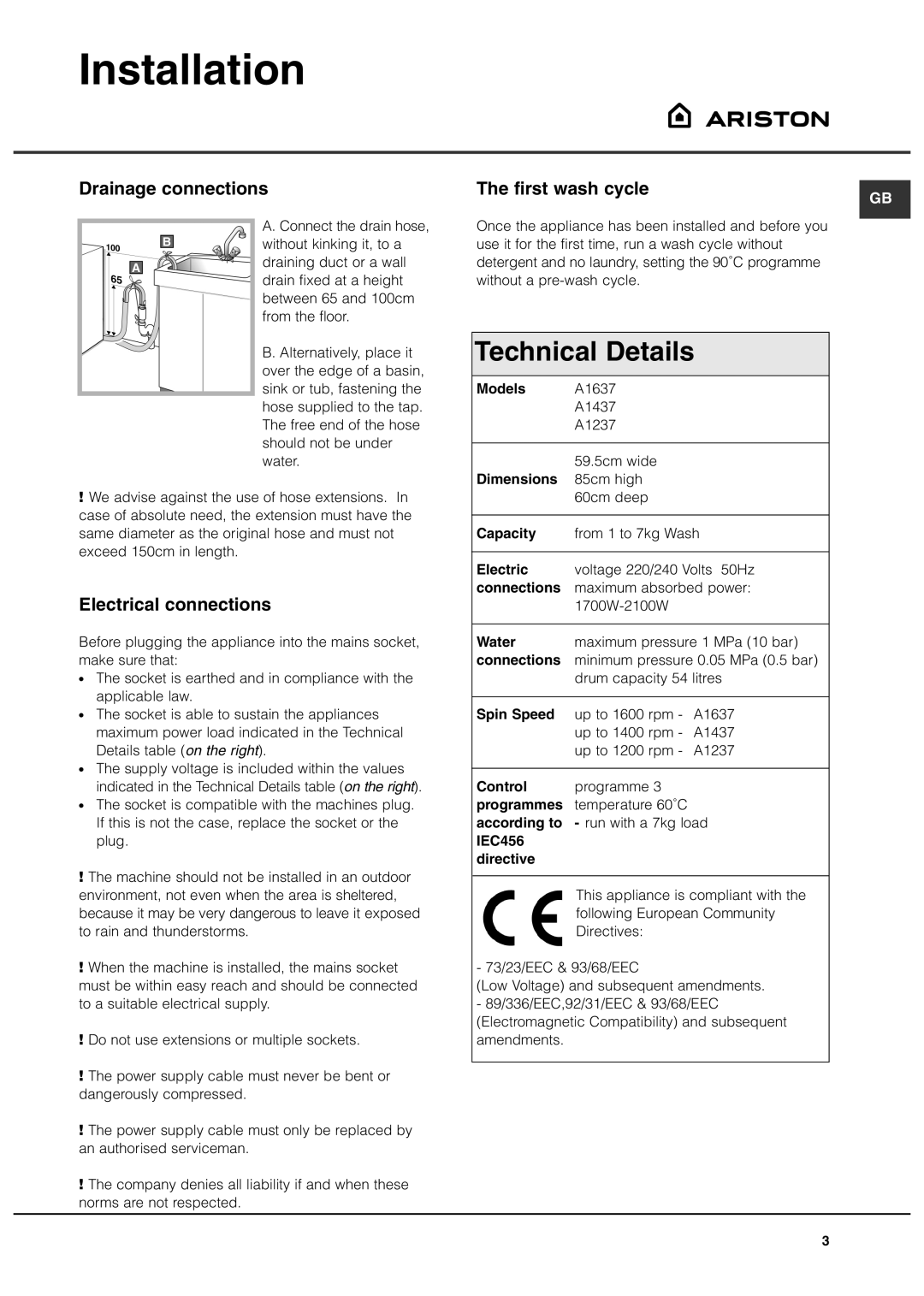 Ariston A1637, A1237, A1437 manual Drainage connections, Electrical connections, First wash cycle 