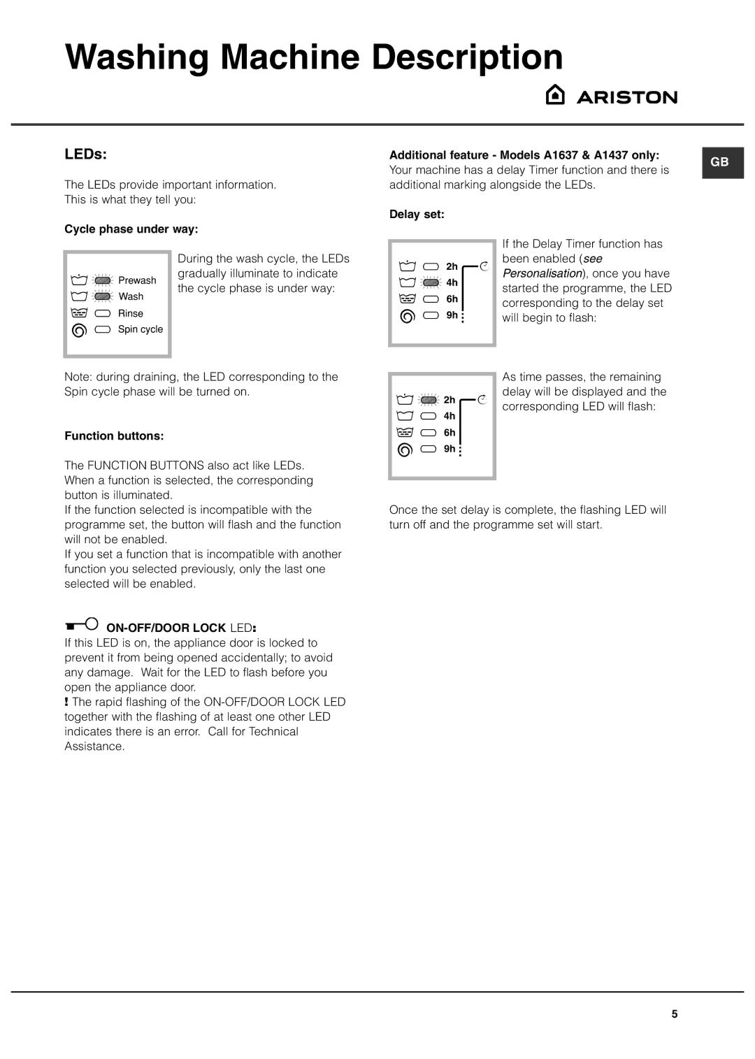 Ariston A1237 manual LEDs, Additional feature Models A1637 & A1437 only, Delay set Cycle phase under way 