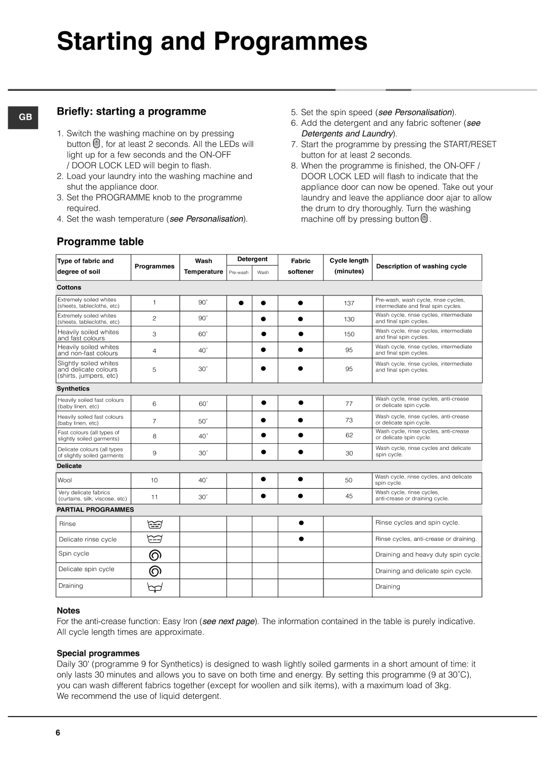 Ariston A1637, A1237, A1437 manual Starting and Programmes, Briefly starting a programme, Programme table, Special programmes 