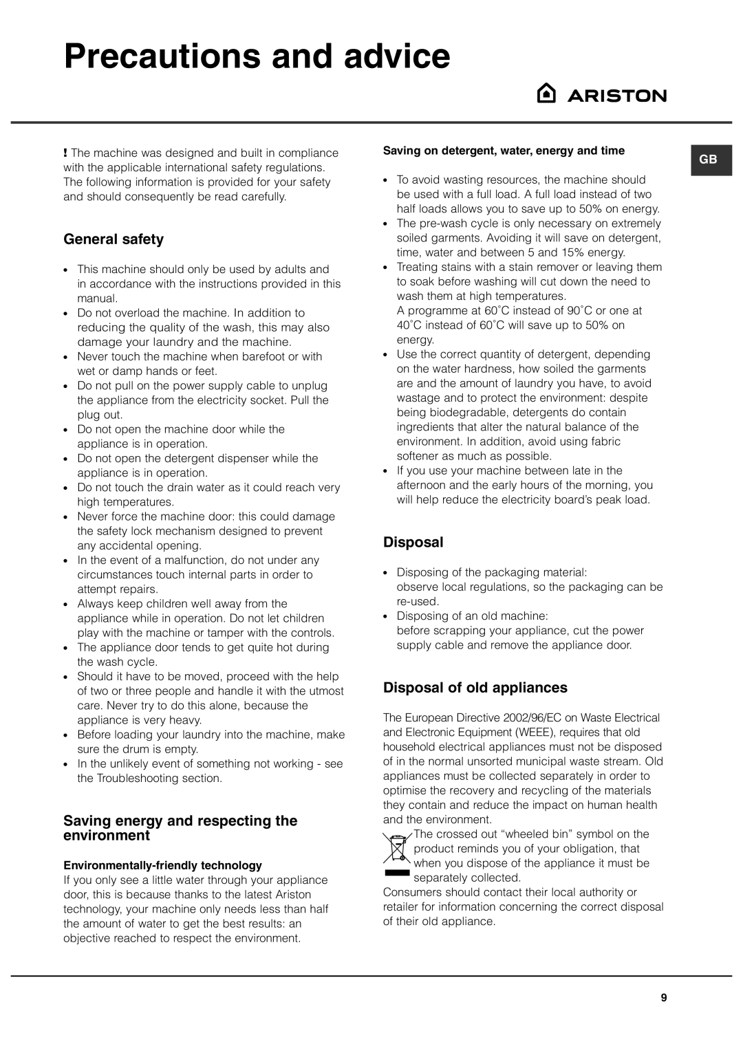 Ariston A1637, A1237, A1437 Precautions and advice, General safety, Saving energy and respecting the environment, Disposal 