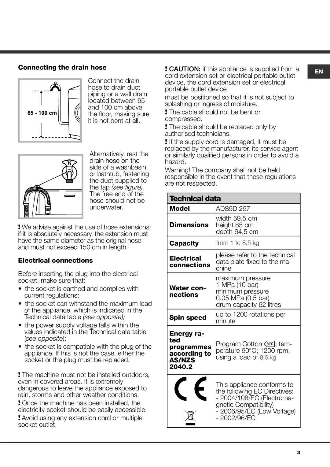 Ariston ADS9D 297 manual Technical data, Hazard 