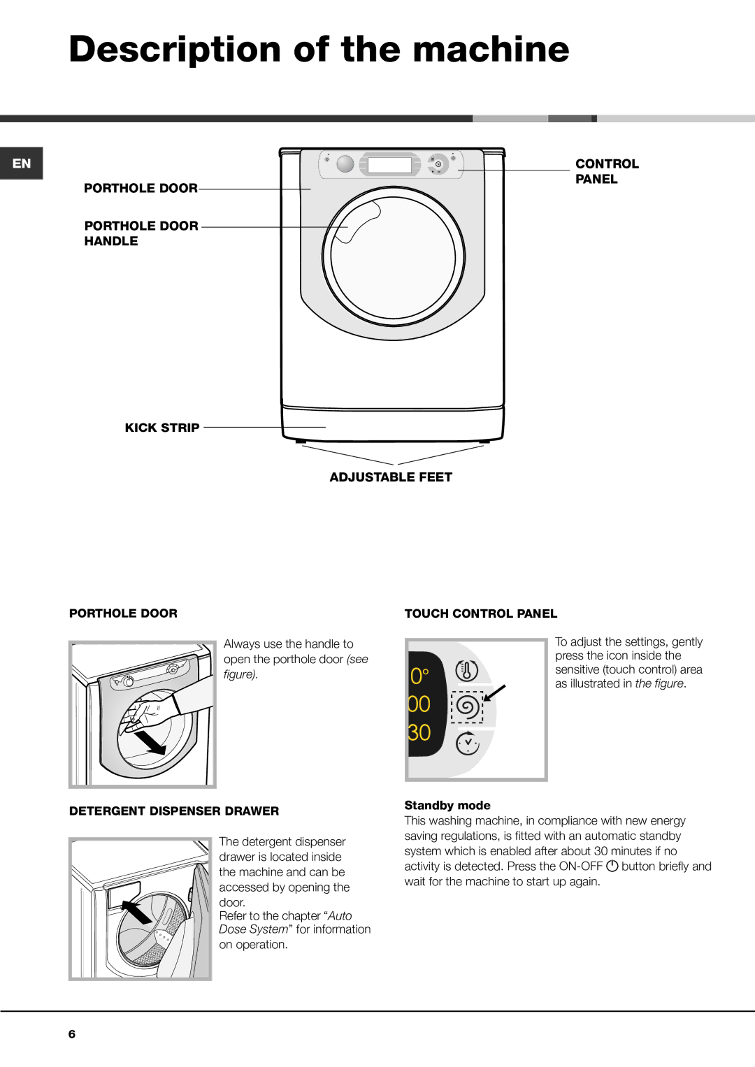 Ariston ADS9D 297 manual Description of the machine, Always use the handle to open the porthole door see figure, Door 