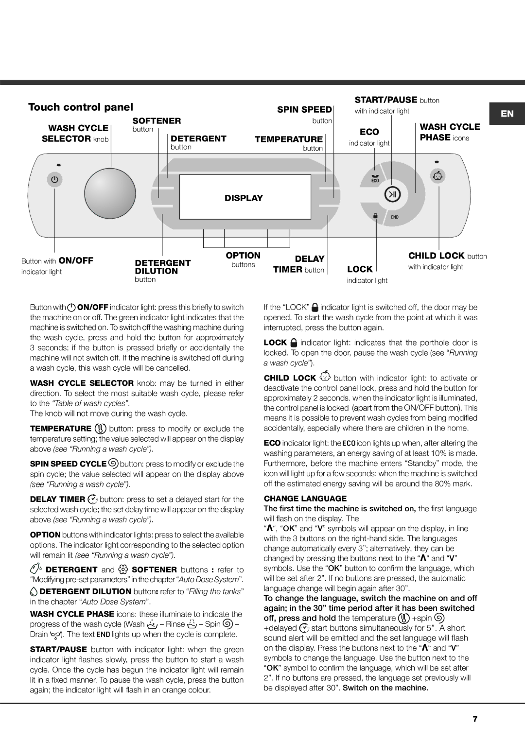 Ariston ADS9D 297 manual Touch control panel 