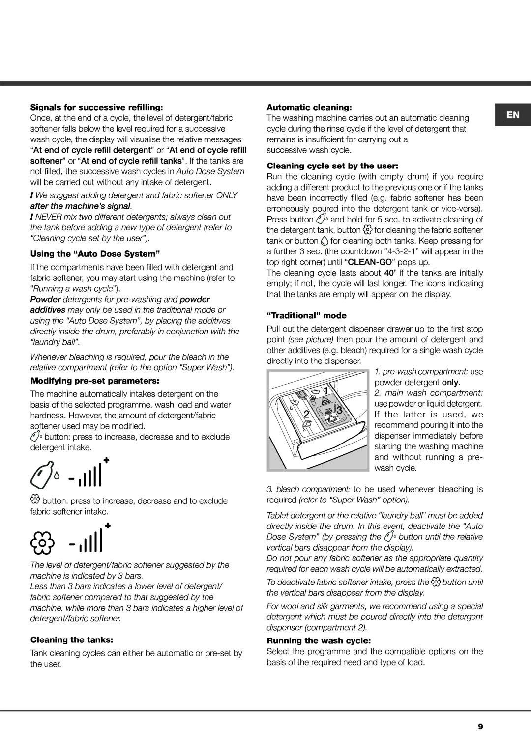 Ariston ADS9D 297 manual Signals for successive refilling, Relative compartment refer to the option Super Wash 