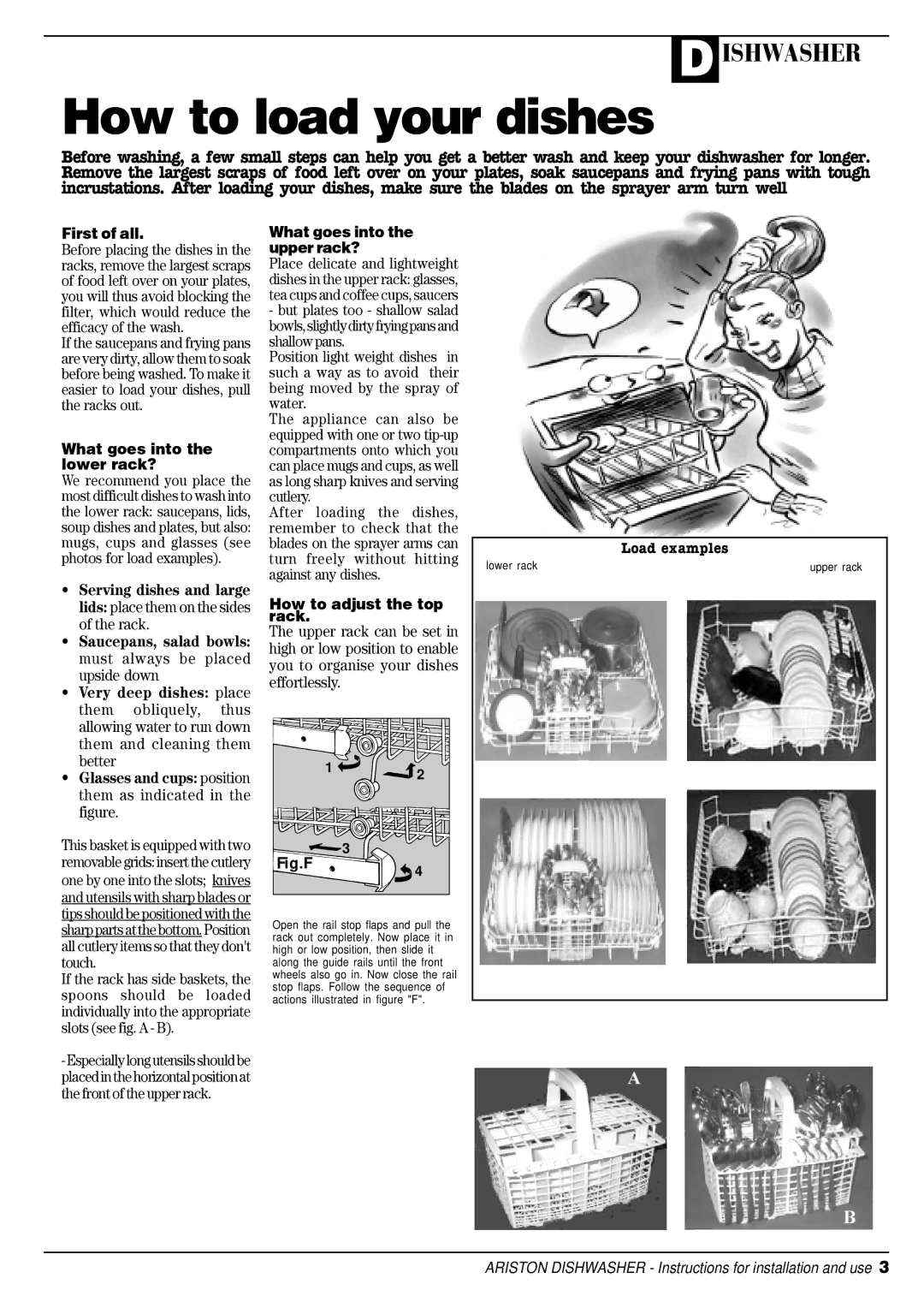 Ariston AFA 370 What goes into the lower rack?, What goes into the upper rack?, How to adjust the top rack, Load examples 