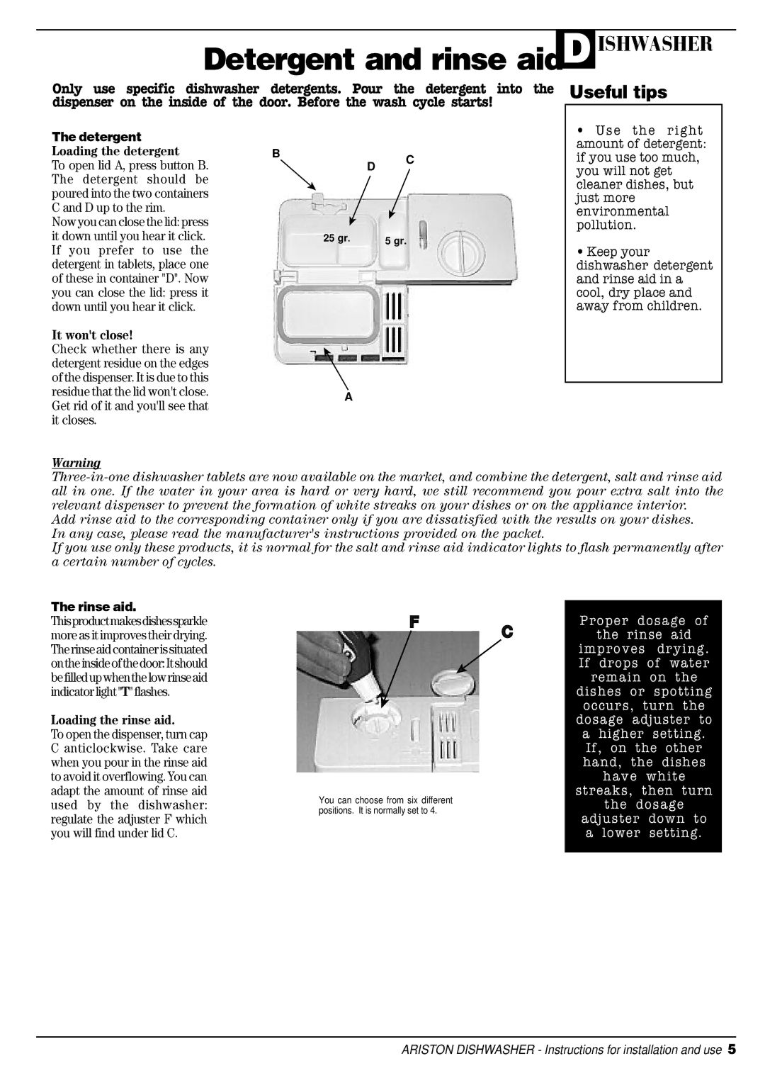 Ariston AFA 370 manual Loading the detergent, It wont close, Loading the rinse aid, Detergent, Rinse aid 