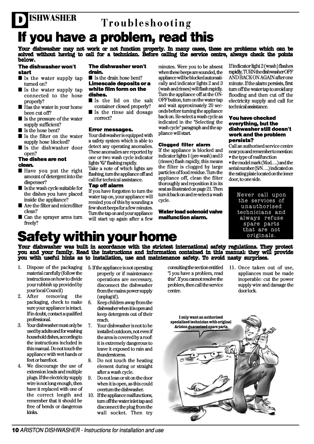 Ariston AFA 370 manual If you have a problem, read this, Safety within your home, Troubleshooting, Ishwasher 