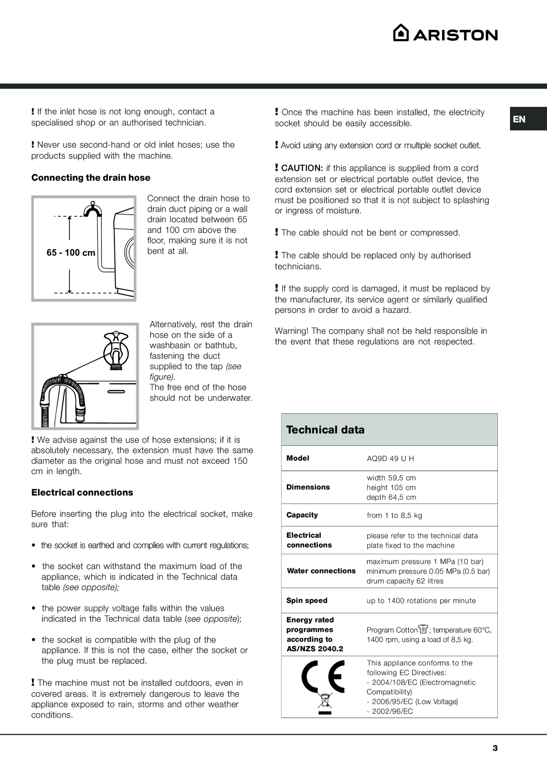 Ariston AQ9D 49 U H manual Technical data 