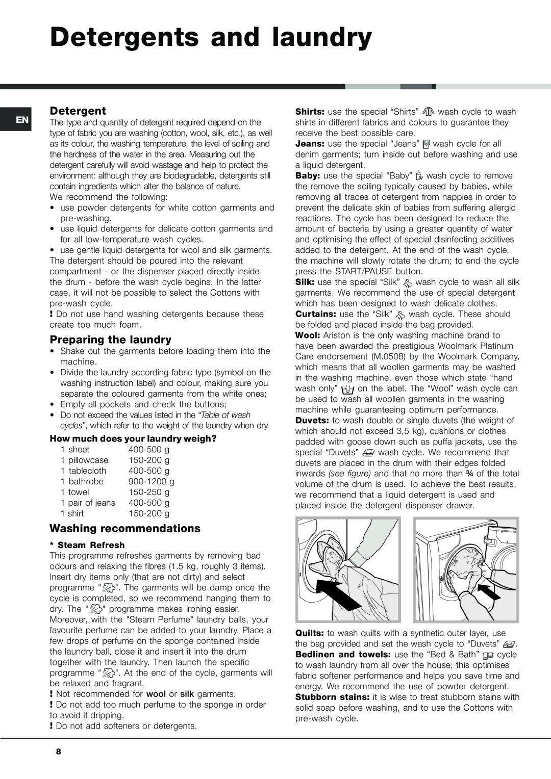 Ariston AQ9D 49 U H manual Detergents and laundry, Preparing the laundry, Washing recommendations 