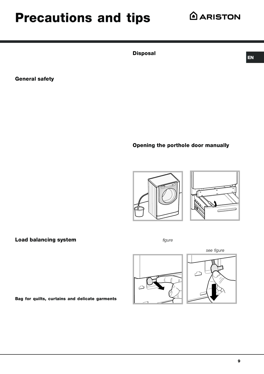 Ariston AQ9D 49 U H manual Precautions and tips, General safety, Load balancing system, Disposal 