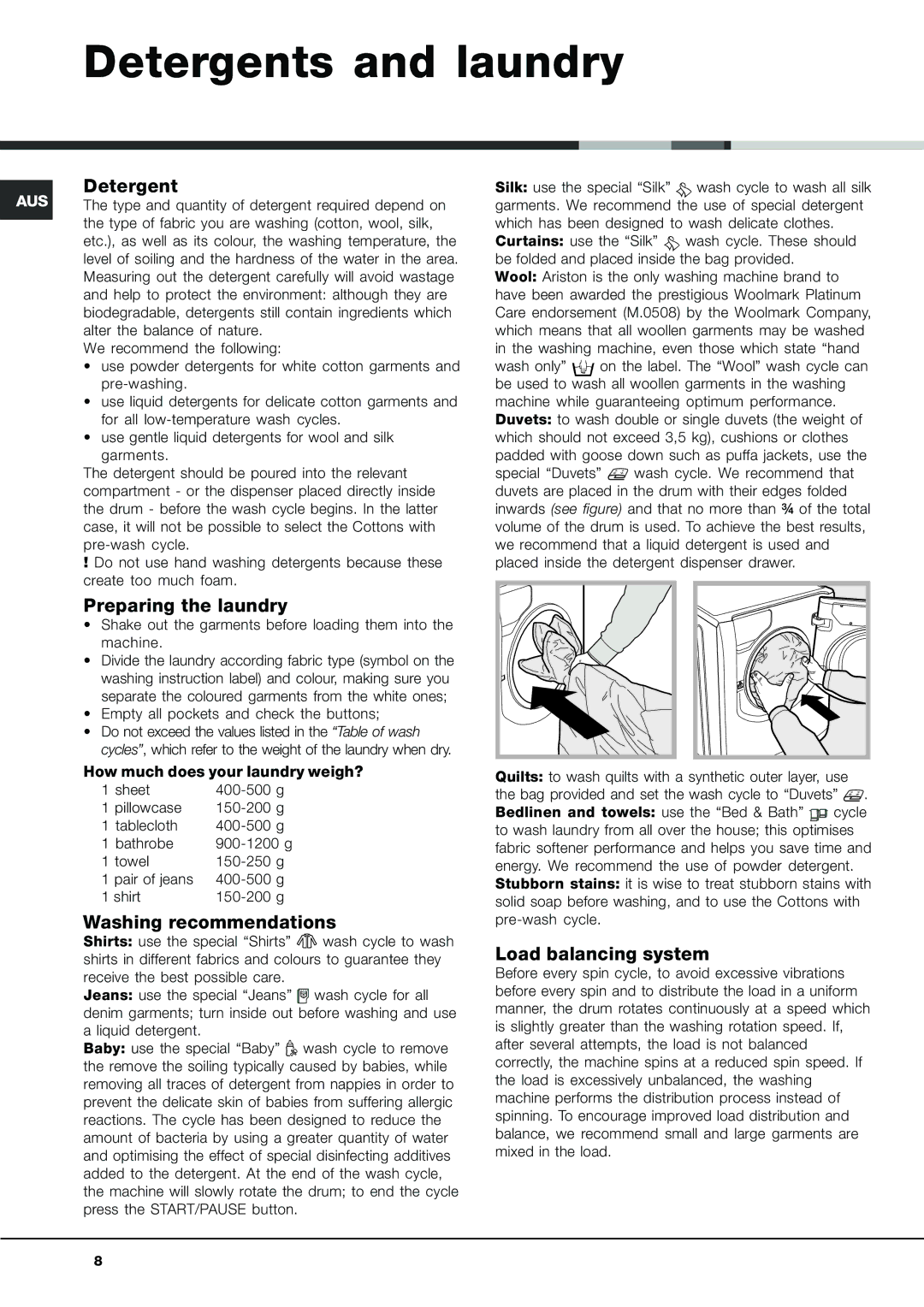 Ariston AQ9F 28 U manual Detergents and laundry, Preparing the laundry, Washing recommendations, Load balancing system 