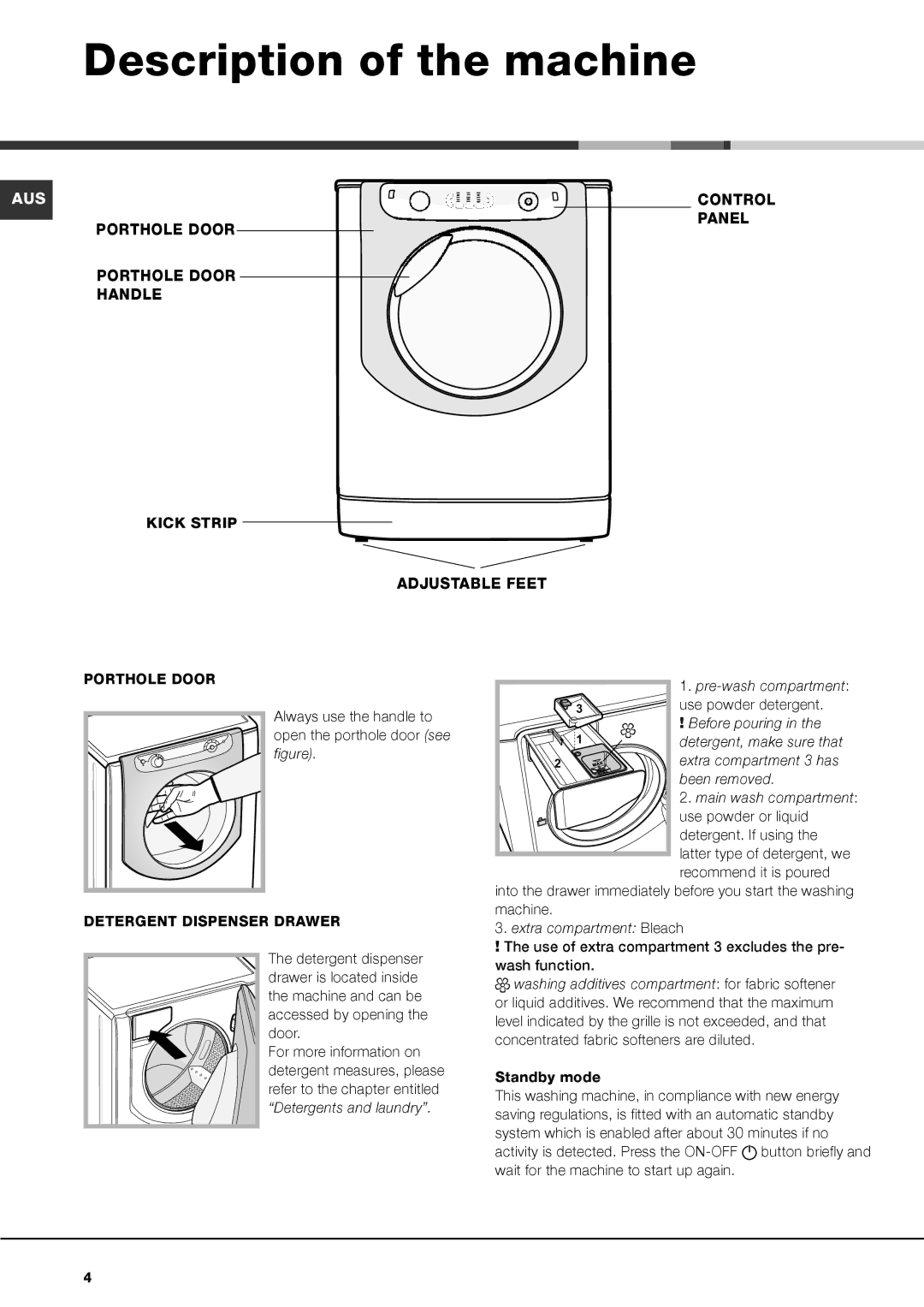 Ariston AQ9L 29 U manual Description of the machine, Control, Porthole Door Panel Handle Kick Strip Adjustable Feet 