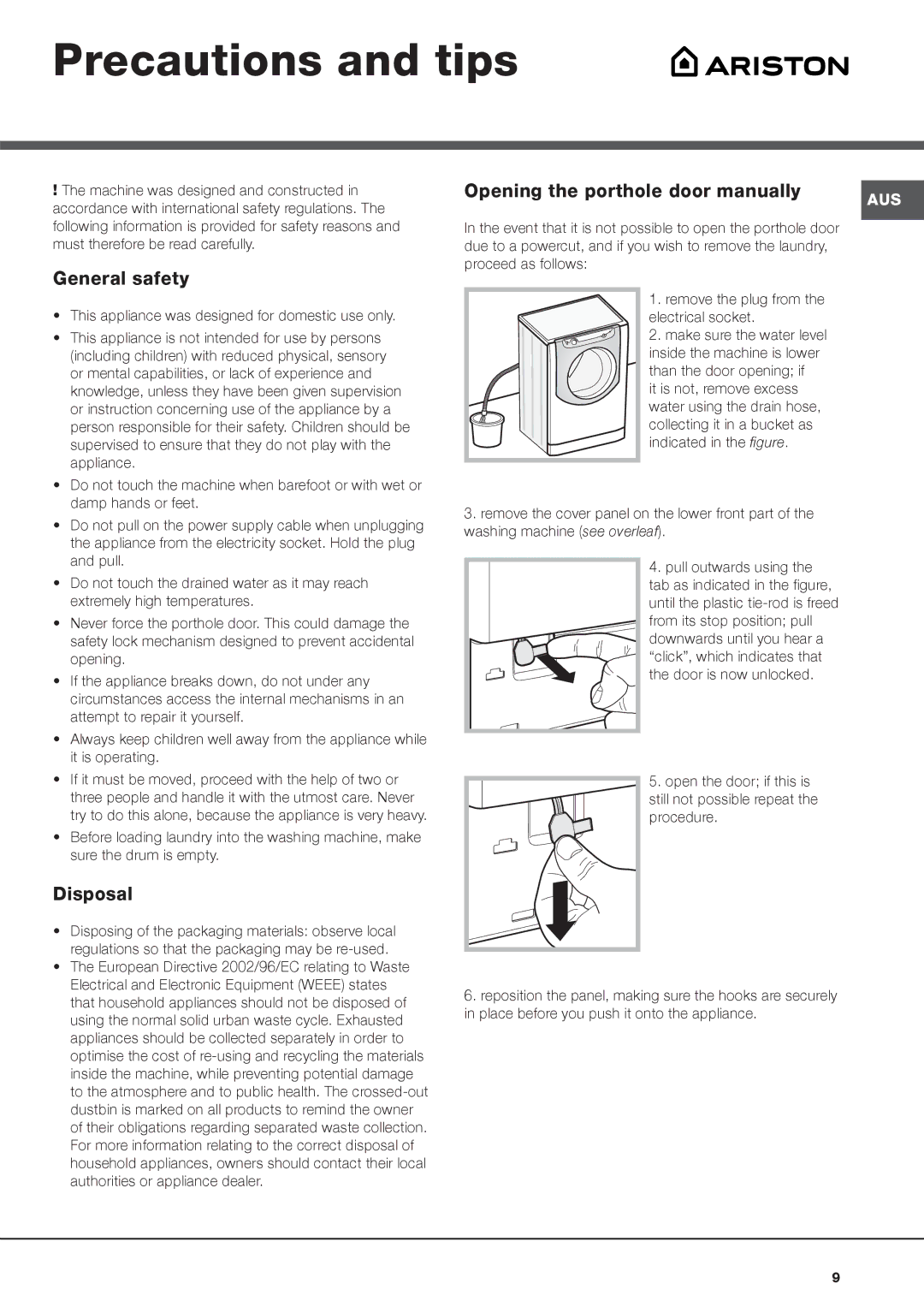 Ariston AQ9L 29 U manual Precautions and tips, General safety, Disposal, European Directive 2002/96/EC relating to Waste 