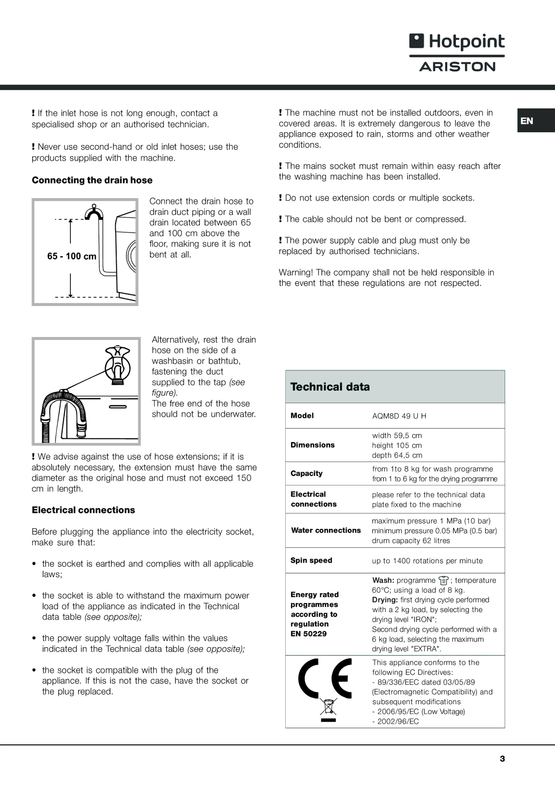 Ariston AQM8D49UH manual Technical data, 65 100 cm 