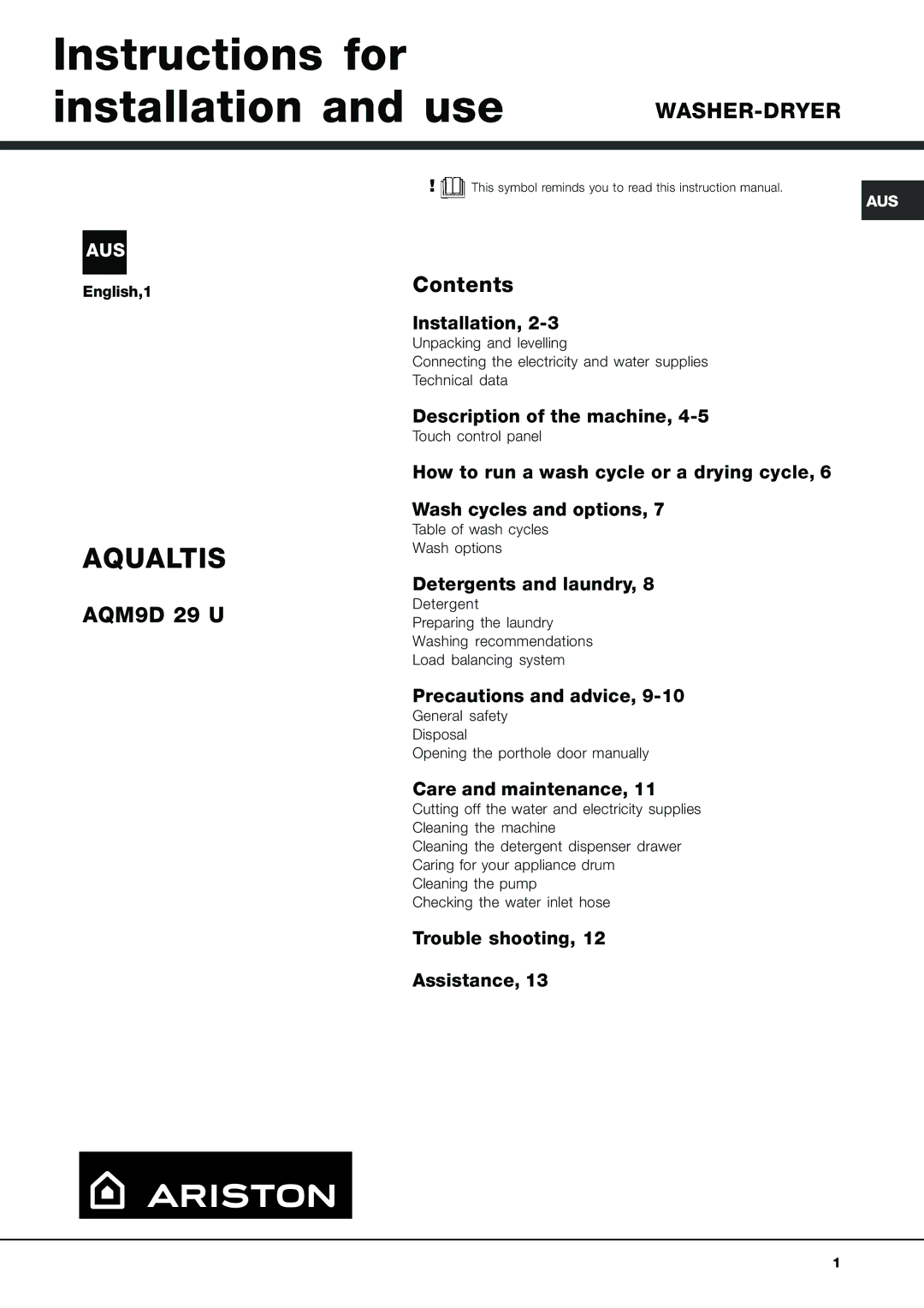 Ariston aqm9d-29d instruction manual Instructions for installation and use, Aqualtis 