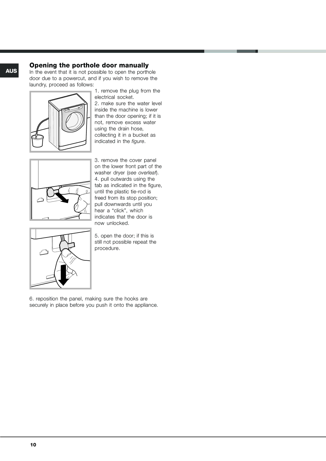 Ariston aqm9d-29d instruction manual Opening the porthole door manually, Procedure 