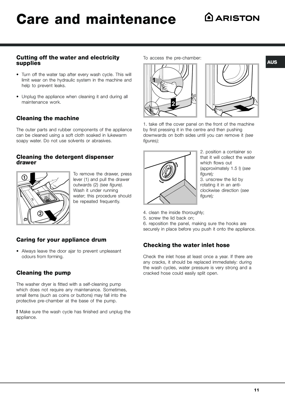 Ariston aqm9d-29d instruction manual Care and maintenance 