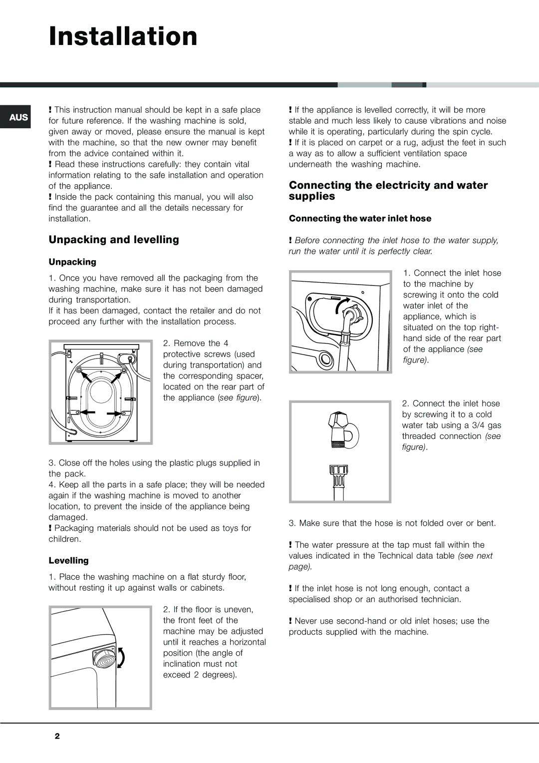 Ariston aqm9d-29d instruction manual Installation, Unpacking and levelling, Connecting the electricity and water supplies 