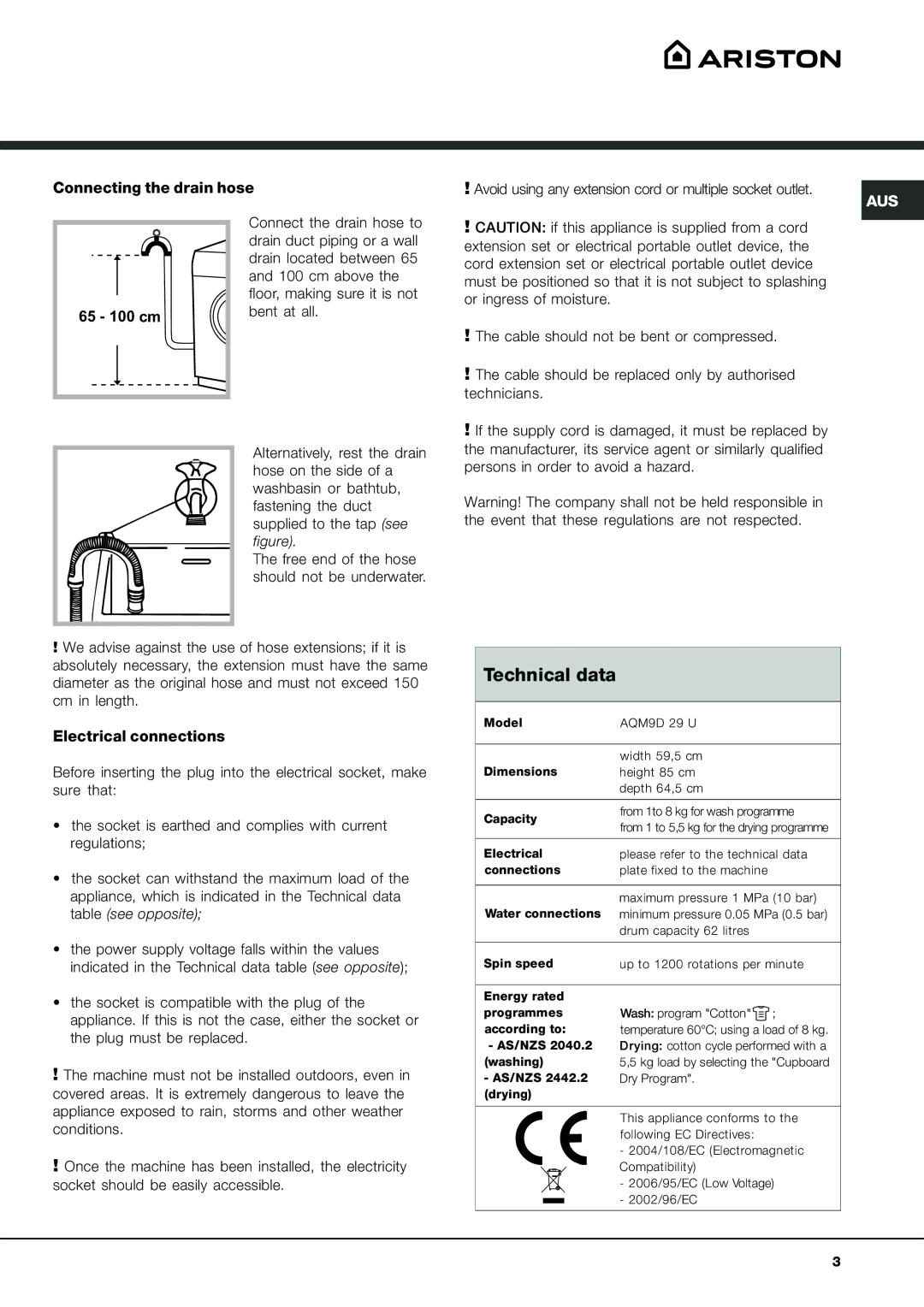 Ariston aqm9d-29d instruction manual Technical data, 65 100 cm 