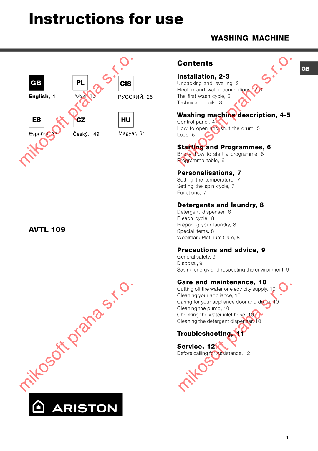 Ariston AQXLAVTL 109 manual Instructions for use, Washing Machine 