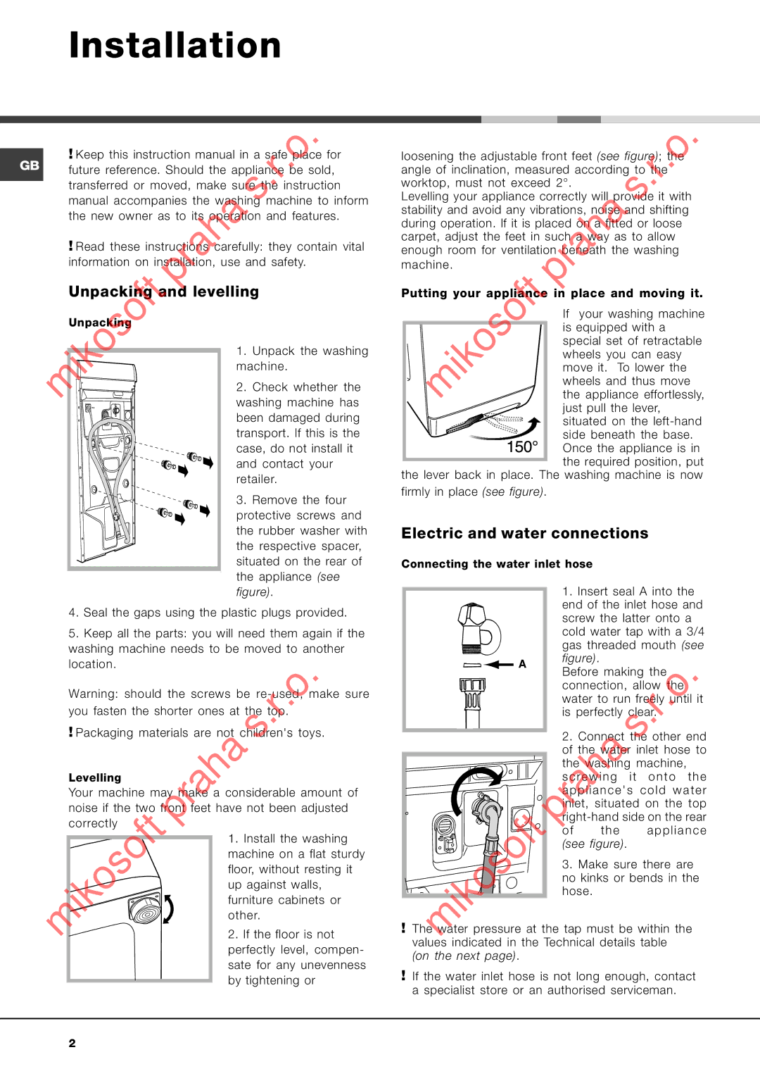 Ariston AQXLAVTL 109 manual Installation, Unpacking and levelling, Electric and water connections 