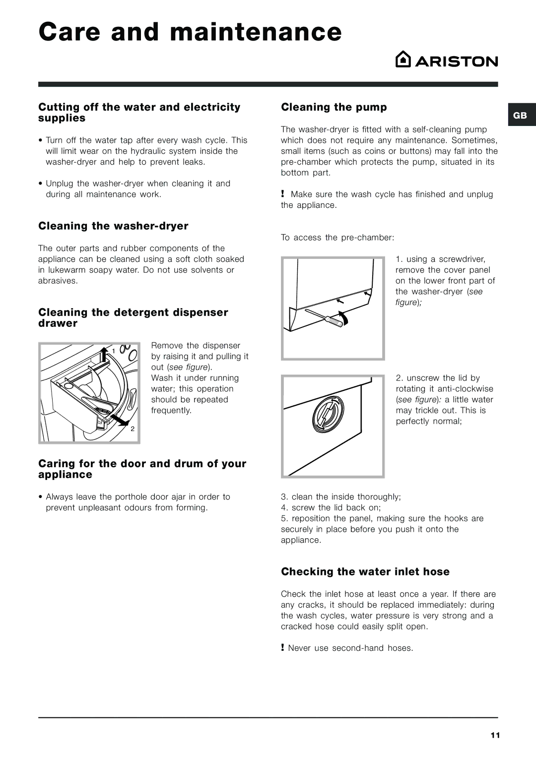 Ariston ARMF 125 manual Care and maintenance 