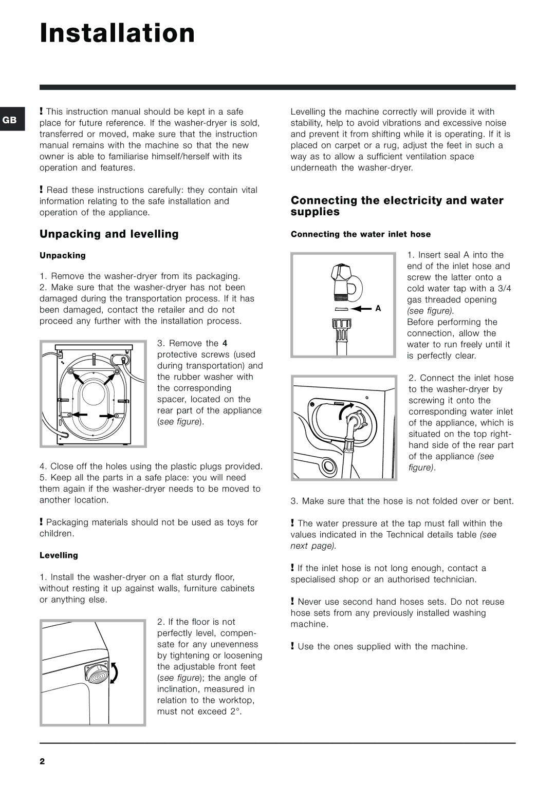 Ariston ARMF 125 manual Installation, Unpacking and levelling, Connecting the electricity and water supplies 