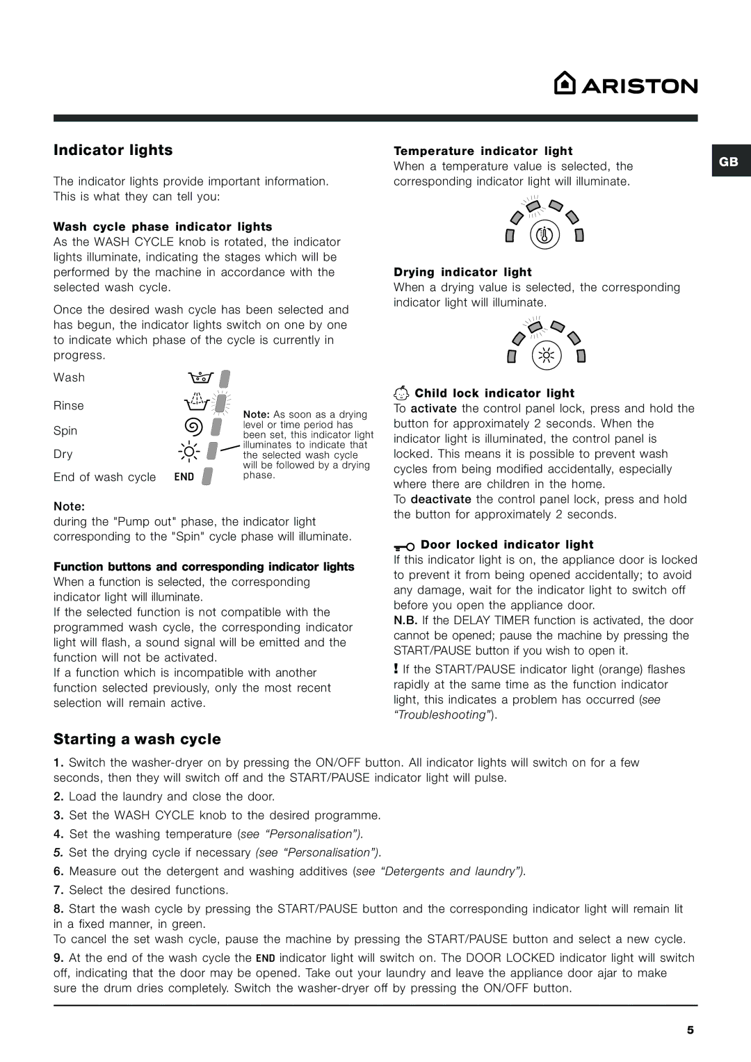 Ariston ARMF 125 manual Indicator lights, Starting a wash cycle 