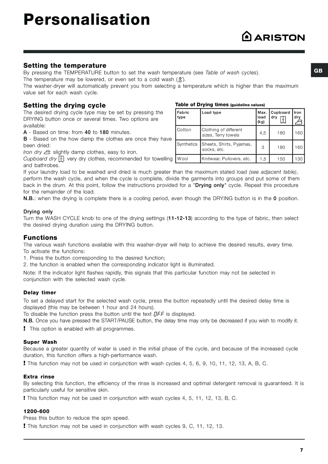 Ariston ARMF 125 manual Personalisation, Setting the temperature, Setting the drying cycle, Functions 