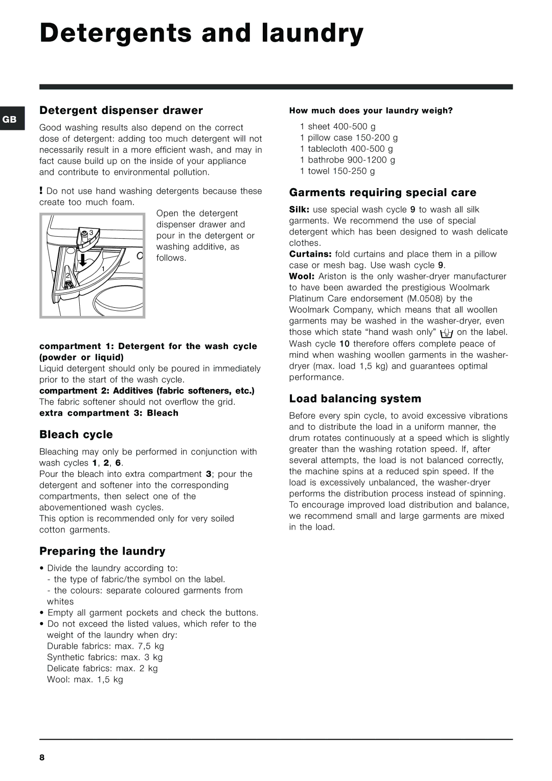 Ariston ARMF 125 manual Detergents and laundry 