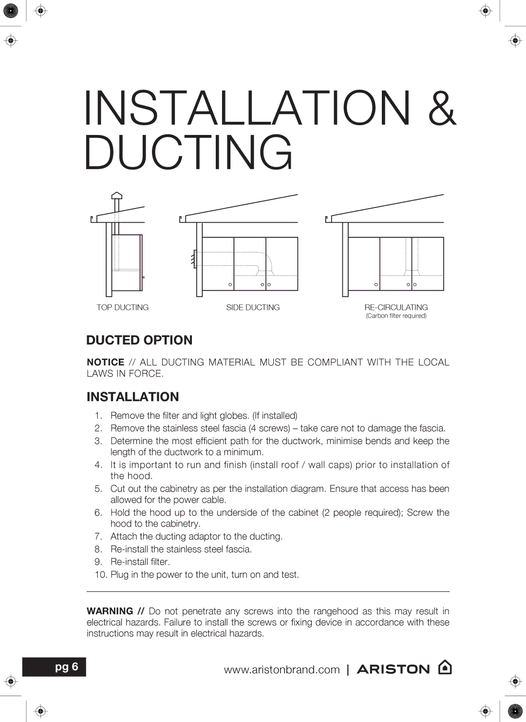 Ariston ARU75X, ARU52X user manual Ducted Option Installation 