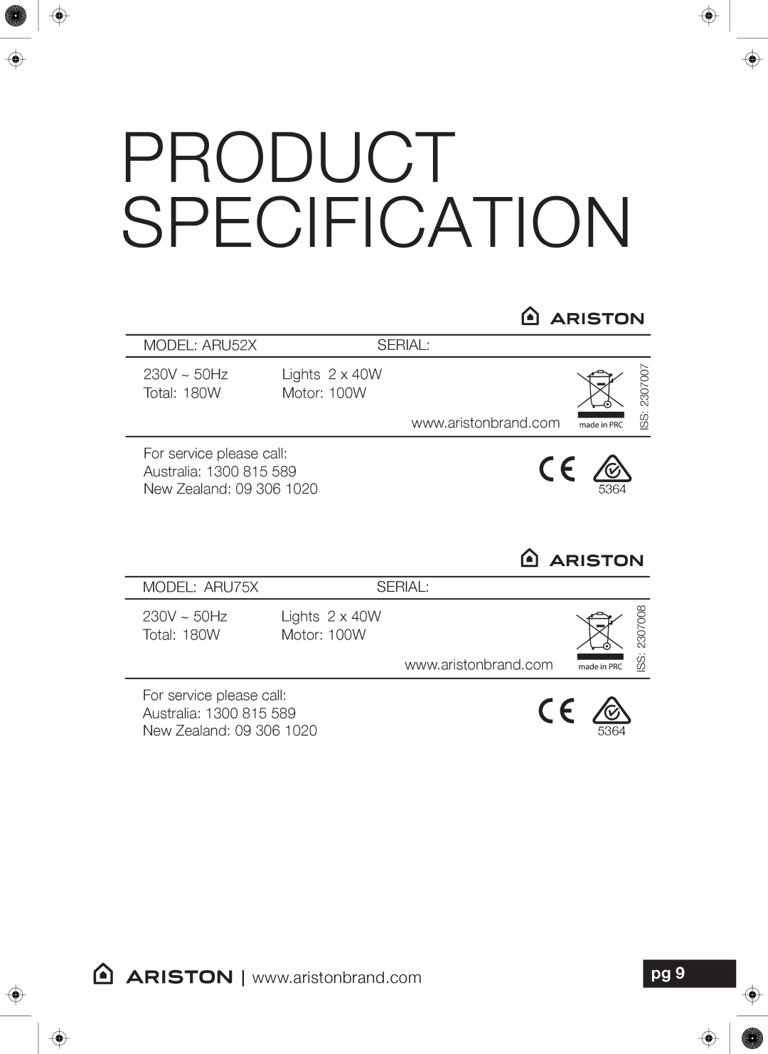 Ariston ARU52X, ARU75X user manual Product Specification 