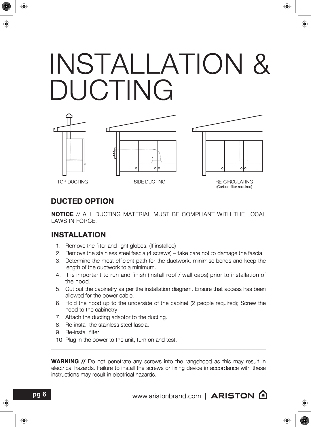 Ariston ARU75X, ARU52X user manual Ducted Option, Installation & Ducting 