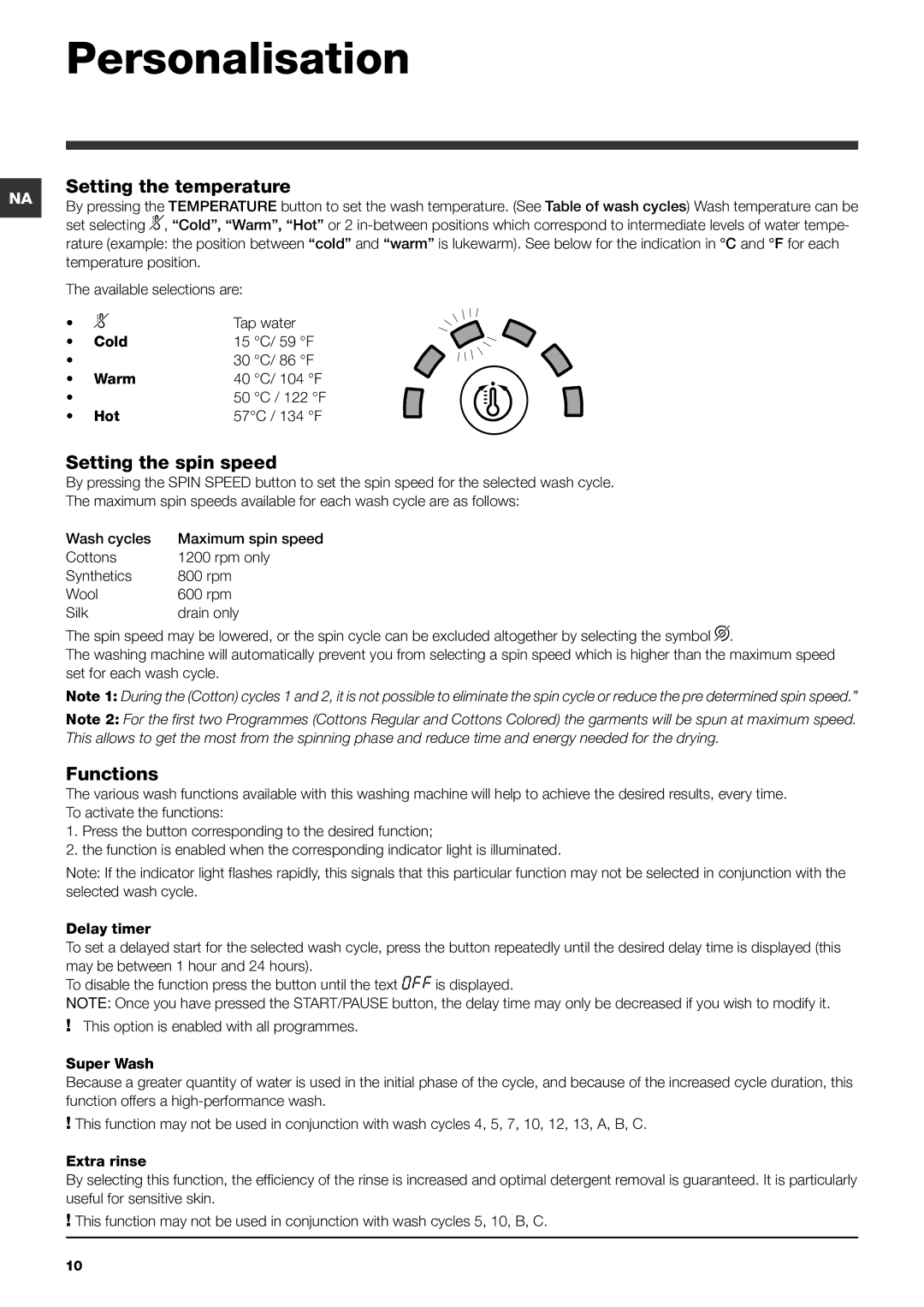 Ariston ARWXF129W important safety instructions Personalisation, Setting the temperature, Setting the spin speed, Functions 