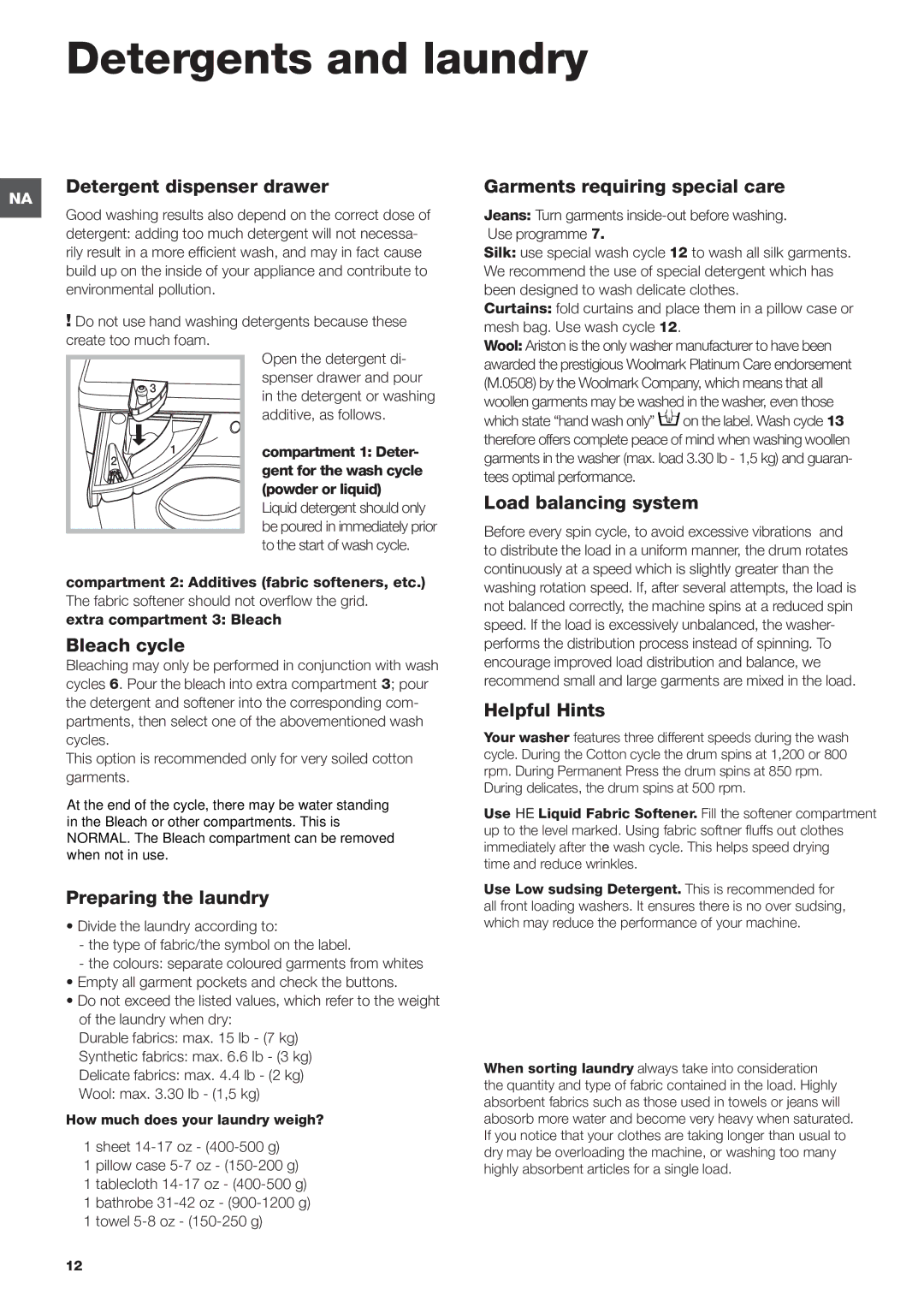 Ariston ARWXF129W important safety instructions Detergents and laundry 