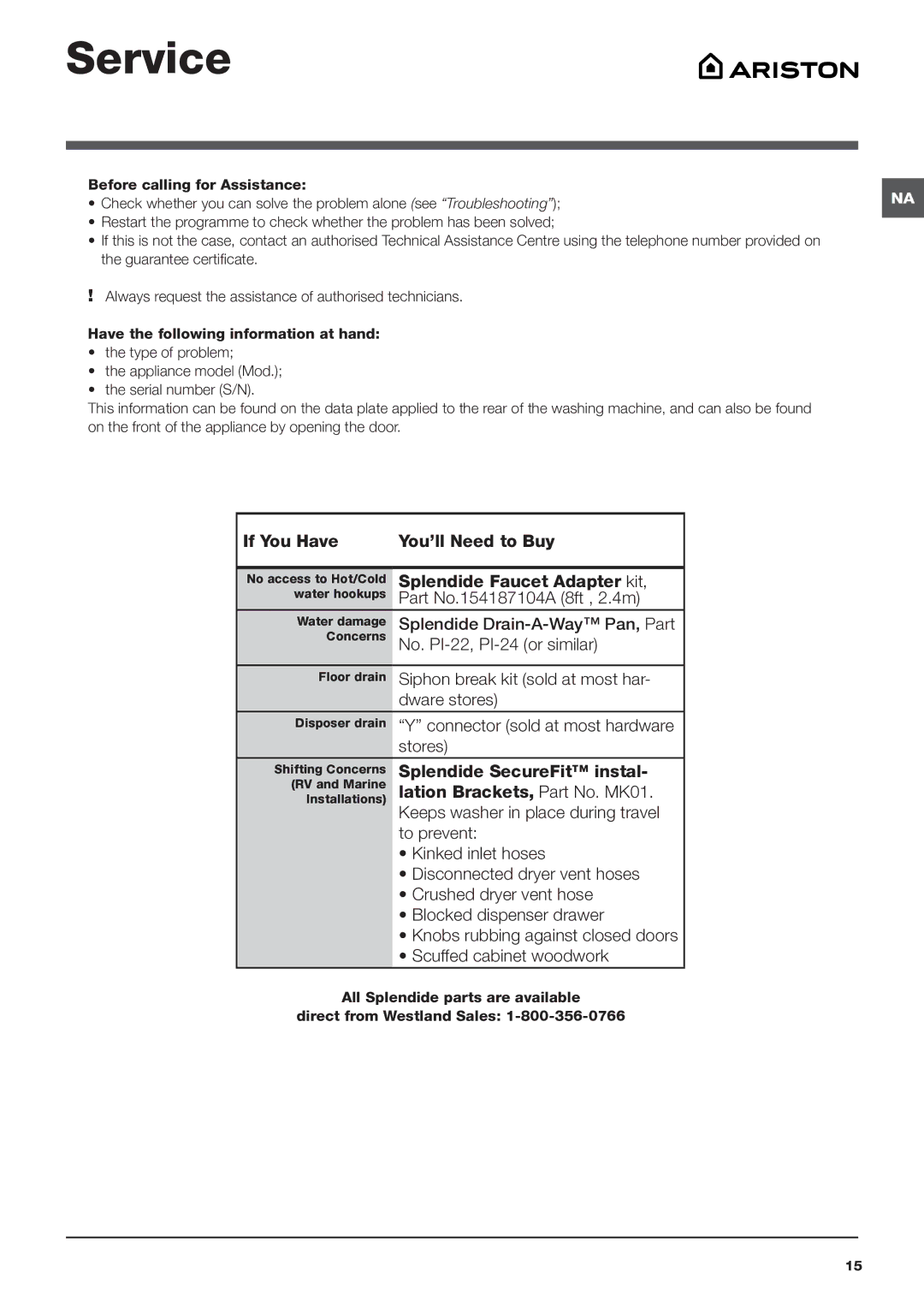 Ariston ARWXF129W important safety instructions Service, All Splendide parts are available Direct from Westland Sales 