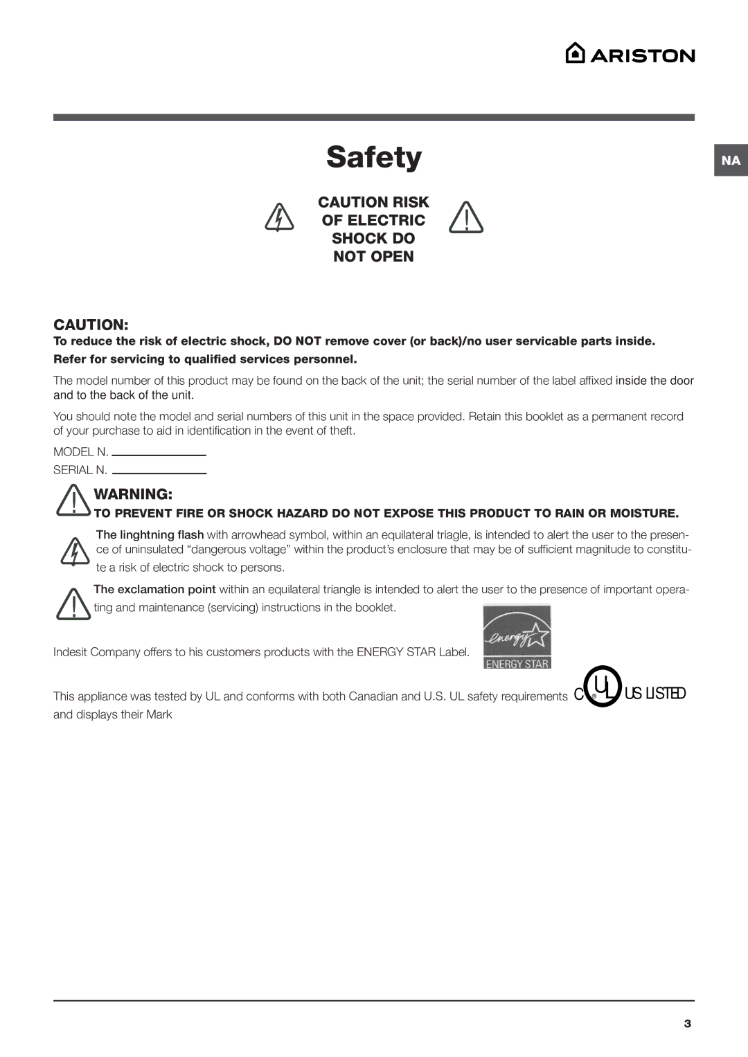 Ariston ARWXF129W important safety instructions SafetyNA 