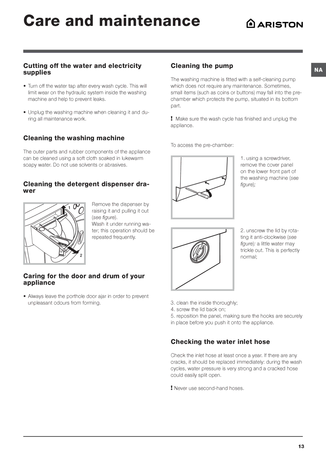 Ariston ARXL 129 W SP important safety instructions Care and maintenance 