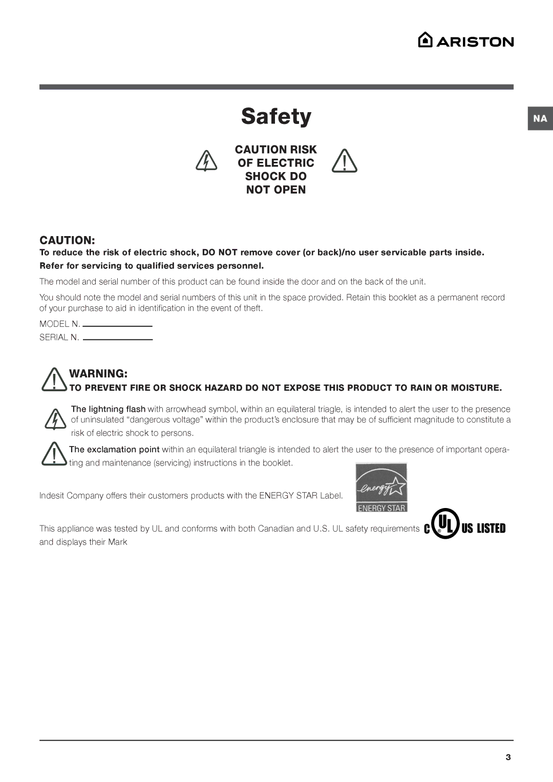 Ariston ARXL 129 W SP important safety instructions SafetyNA 