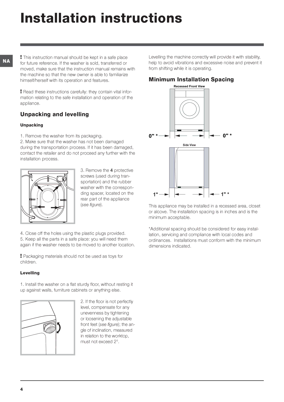 Ariston ARXL 129 W SP Installation instructions, Minimum Installation Spacing, Unpacking and levelling 