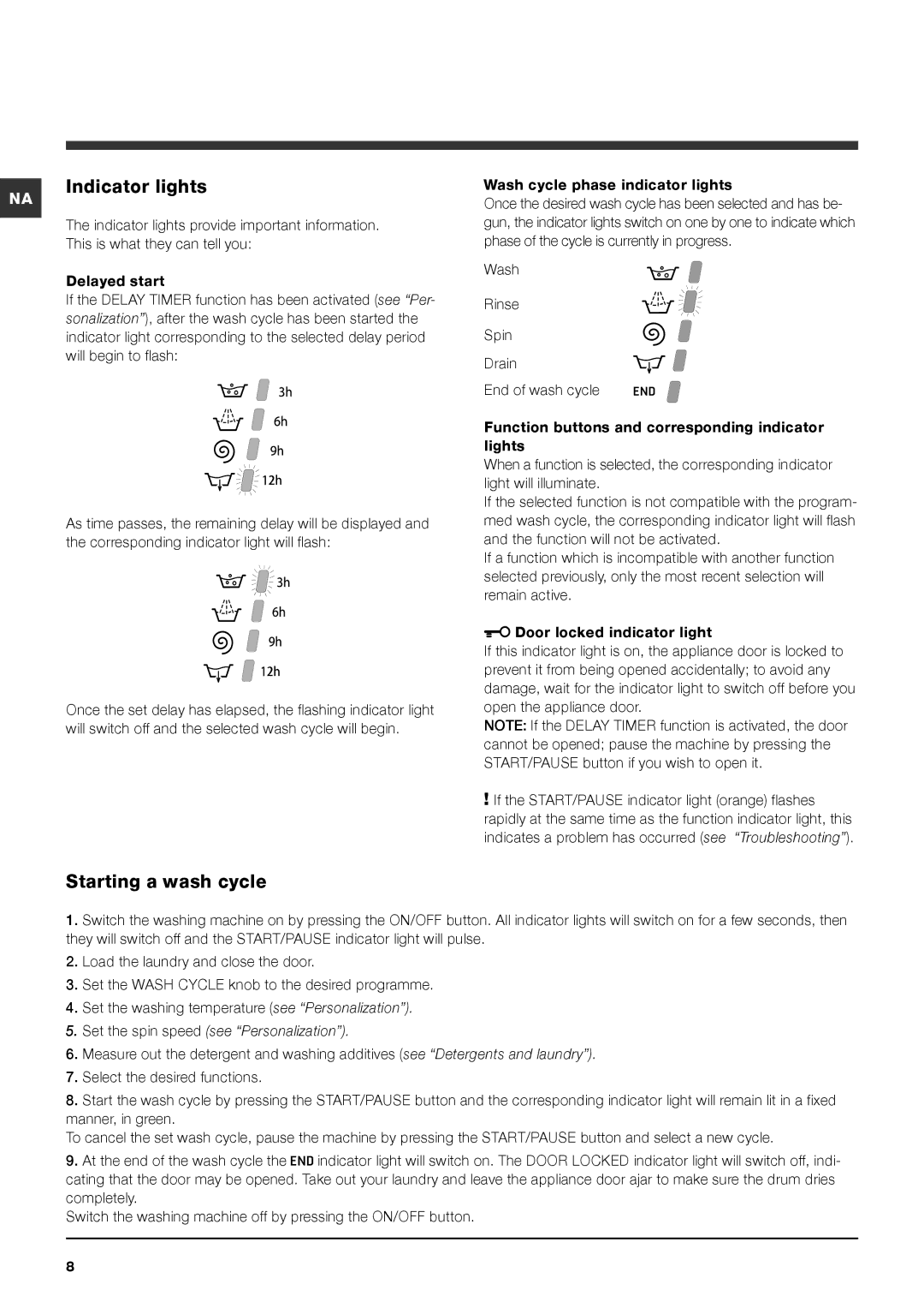 Ariston ARXL 129 W SP Indicator lights, Starting a wash cycle, Wash cycle phase indicator lights 