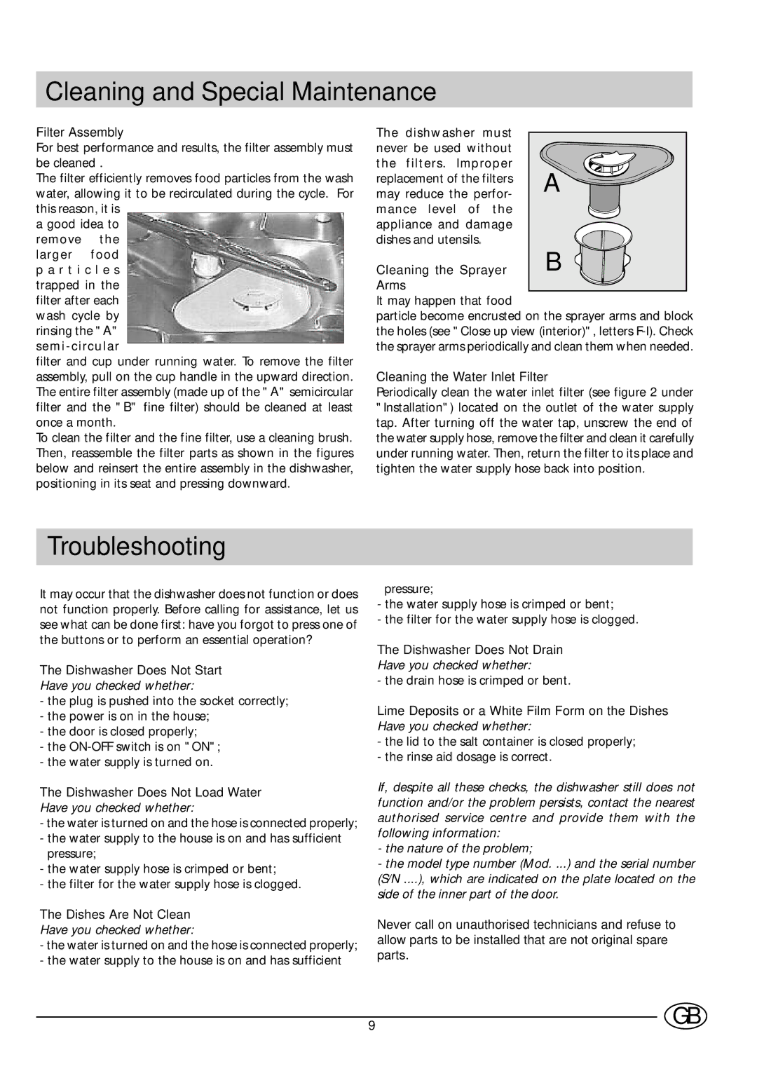 Ariston AS100 manual Cleaning and Special Maintenance, Troubleshooting 