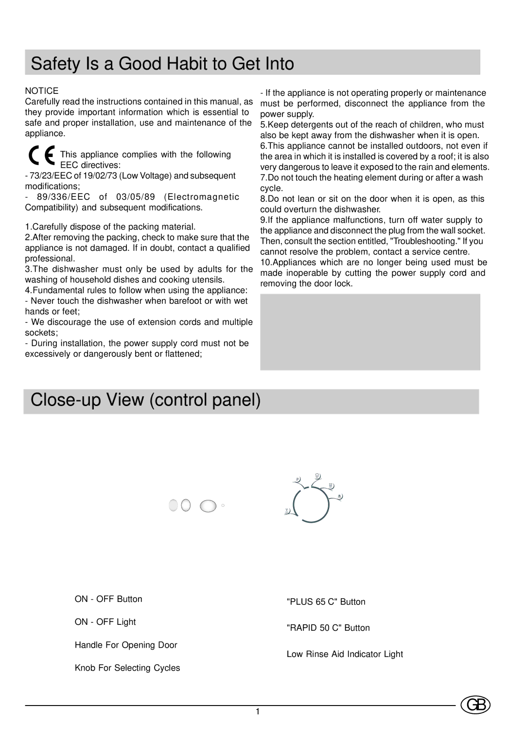 Ariston AS100 manual Safety Is a Good Habit to Get Into, Close-up View control panel 