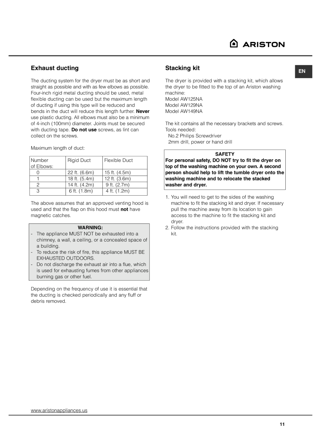 Ariston AS65VXS important safety instructions Exhaust ducting, Stacking kit, Safety 