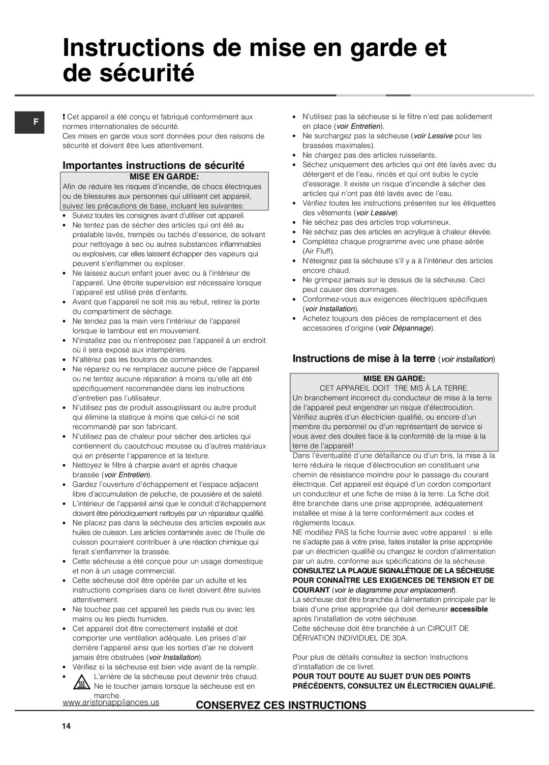 Ariston AS65VXS Instructions de mise en garde et de sécurité, Importantes instructions de sécurité, Mise EN Garde 